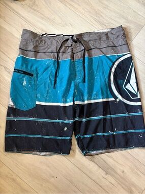 Volcom Teal, Black and Gray Striped Board Shorts Sz 36